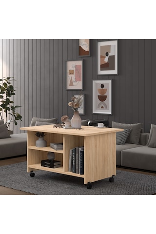 Asra Trend Orta Sehpa OS001 %100 MDF Tekerlekli İki Katlı Geniş Raf Takımı Safir Meşe
