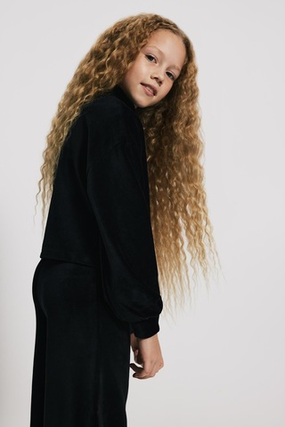 Kids Girl Dik Yaka Kadife Siyah Sweatshirt Siyah