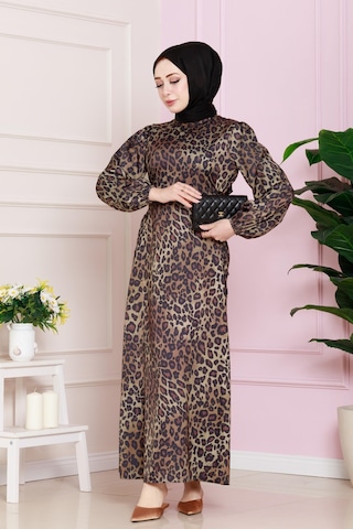 Yanı Bağcıklı Leopar Desenli Tesettür Abiye-kahverengi-4682