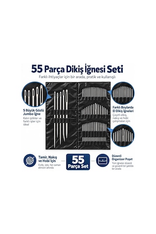 Tr Store 55 Parça El Dikiş İğnesi Seti, Farklı Boylarda Büyük Gözlü İğneler, Deri, Nakış, Kanaviçe, Yorgan