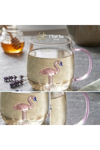 Flamingo Figürlü Borosilikat Cam Kupa 350 Ml Renkli Kulplu Kahve Kupası Dekoratif Hediye Bardak Açık Pembe