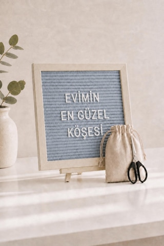 Woodart Premium Letter Board Seti, Füme Antrasit Keçe Yüzeyli Doğal Çam Ahşap Yazı Panosu Şövale Standlı Dekoratif Set Gri