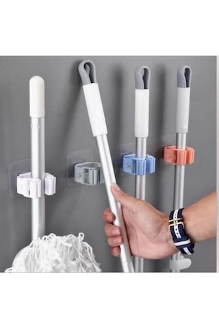 4 Lü Yapışkanlı Pratik Mop Temizlik Fırçası Tutucu Paspas Süpürge Fırça Ve Mop Askısı Beyaz Askı Set Renkli
