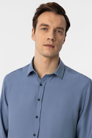 Süvari Mavi Slim Fit Düz Klasik Yaka Gömlek-34098 Mavi