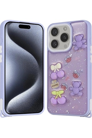 Apple Uyumlu iPhone 15 Pro Kılıf Parlayan Sıvılı Simli Kabartma Figürlü Zore Cevze Kapak
