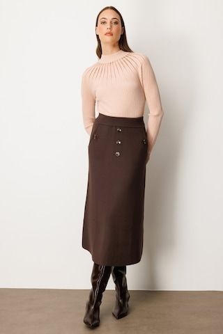 On Kadın Düğmeli Triko Etek 65207 Kahverengi Kahverengi