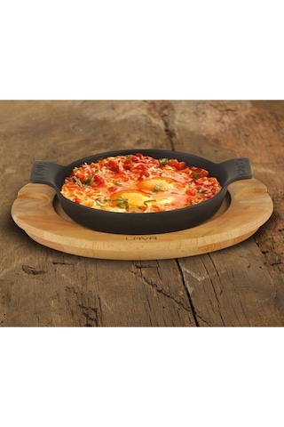 Lava Döküm Ahşap Allıklı Mini Yuvarlak Sahan Siyah 18 CM