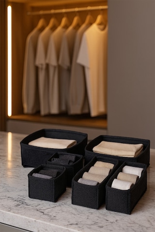 Keçe Çekmece Ve Dolap Düzenleyici Organizer Seti 6 Parça Siyah, Çok Amaçlı Düzenleyici Kutular Siyah