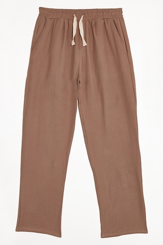 Tudors Erkek Baggy Fit Geniş Kesim %100 Pamuk Beli Lastikli Yandan Cepli Müslin Bej Düz Pantolon-46264 Bej