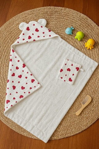 Heianmono Kundak Bebek Banyo Havlusu Dışı Müslin İçi Havlu (%100 Pamuk) (75x75 Cm) (Kalpli) (0 - 24 Ay)