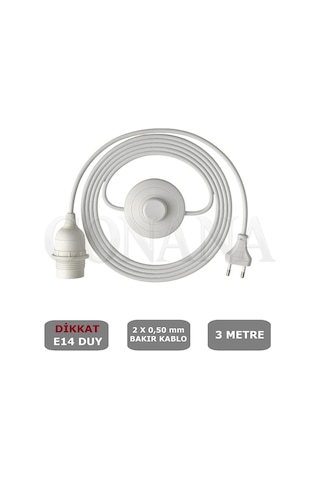 E14 Duylu 3 Metre Yerpuarlı Aç Kapat Anahtar Fişli Seyyar 2x0,50 Beyaz