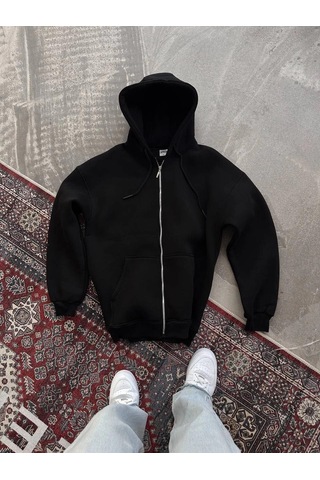 Barlashive Kadın Tam Fermuarlı Cepli Kapüşonlu 3 İplik Pamuklu Hoodie Sweatshirt - Siyah Çok Renkli