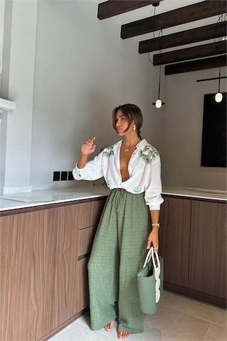 Neşeli Butik Kadın Nakış Detaylı Gömlek Pantolon İkili Keten Takım Nbemp2514 Yeşil