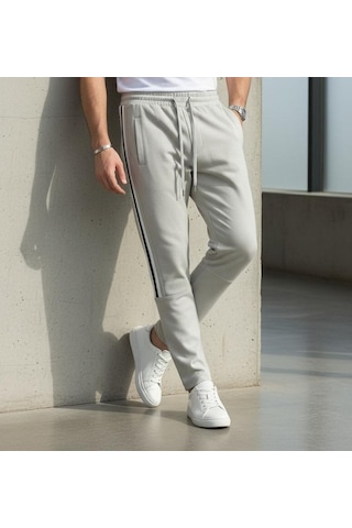 Plus Scorpion Erkek Slim Fit Pamuklu Eşofman Altı Yan Şerit Detaylı Günlük Gri