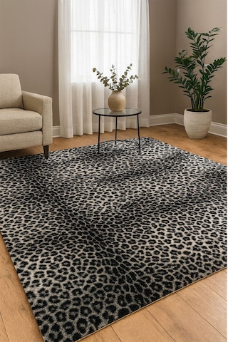 Raschel Carpet Premium Seri Gri Tavşan Tüyü Leopar Desenli Kaymaz Taban Halı Yolluk Gri