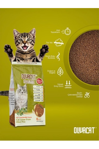 Olivacat Zeytin Çekirdeğinden Üretilen Aktif Karbonlu Tozsuz Doğal Kedi Kumu 3 x 8 L