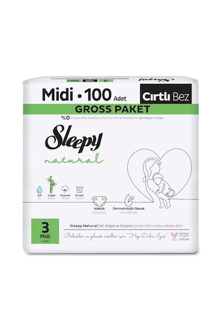 Sleepy Natural Gross Paket Bebek Bezi 3 Numara Midi 100 Adet