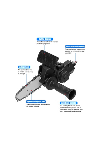 Folinda 4 İnç Elektrik Matkap Zincir Testere Dönüştürücü Aksesuar Seti - Ahşap İşleri El Testeresi - 6-13mm Üç Çene Somun Matkap Uyumlu - Siyah