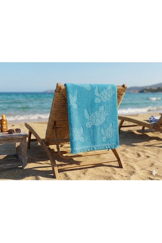 Faralya Life Kaplumbağa Desenli %100 Pamuk Plaj Havlusu 70x150cm Yumuşak Dokulu Deniz & Havuz Havlusu Açık Mavi
