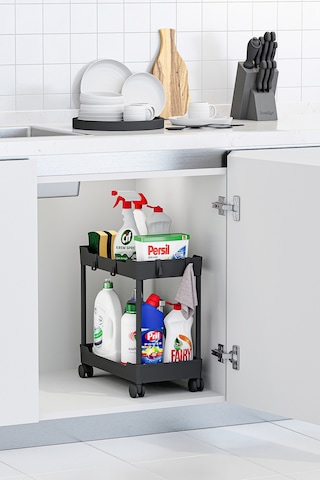 Siyah 2 Katlı Tekerlekli Düzenleyici Mutfak Ve Banyo Rafı