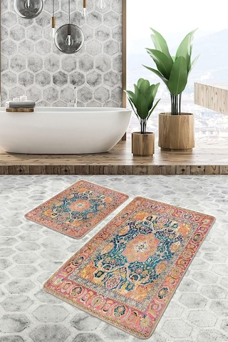 Realhomes Real Homes Turuncu Zeminde Uşak Motifli Geleneksel Avangarde Etnik Motifler 2'li Banyo & Mutfak Paspas Ta Genel