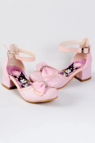 Nese Shoes Kız Çocuk Karakter Baskılı Topuklu Ayakkabı, Simli Fiyonklu Abiye Ayakkabı Pembe