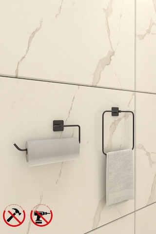 Alper Banyo Jasmin Kare Siyah Yapışkanlı 2'li Set - Yuvarlak Havluluk Solo Havluluk Siyah