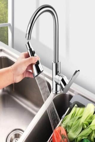 Krom 3 Fonksiyonlu Mutfak Lavabo Başlığı 720 Derece Döner Tek Musluk Ucu Tasarruflu