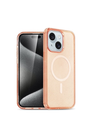 İphone 14 Uyumlu Renkli Magneticsafe Parlayan Simli A+ Kalite Silikon Kapak - Turuncu