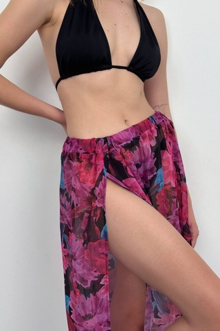 Çift Yırtmaçlı Desenli Pareo Mavi