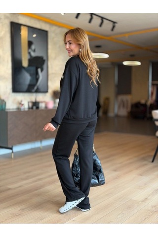 Veraura Lifestyle Kadın Modal Kumaş Arma Detay Hırka Pantolon Ikili Takım Siyah