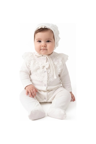 Bebegen Kız Bebek Ekru Tüllü Dantelli Bereli Patikli Tulum