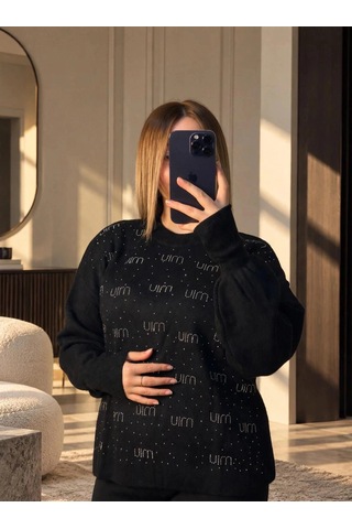 Elora Atelier Taş Detaylı Siyah Triko Takım