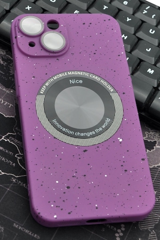 Apple Uyumlu iPhone 13 Uyumlu Mor Benekli Desenli İnce Sert Kapak Kılıf Kamera Lens Korumalı Mor -