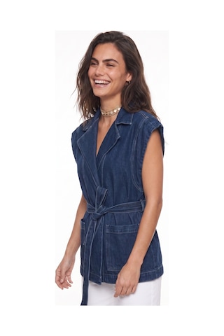 Onloox Kadın Lacivert Lacivert Denim Kumaş Kruvaze Yaka Rahat Kalıp Kuşak Bağlamalı Ön Cepli Kolsuz Yelek