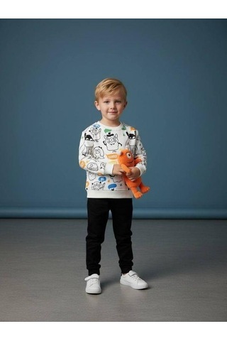 Zekids Erkek Çocuk Baskılı İnce Şardonlu Tasarım Eşofman Takımı-16632 Beyaz