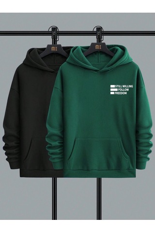 2'li Still Freedom Kalın Kışlık Sweatshirt - Siyah Nefti Yeşil Baskılı Oversize Kapüşonlu Siyah Nefti Yeşil