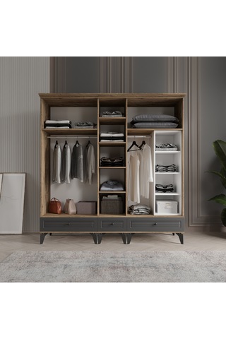 Beenal Nisa 5 Kapaklı Gardırop Dolap 200cm Atlantik Çam - Antrasi