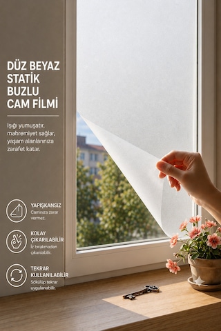 Deconitte Statik Düz Beyaz Buzlu Cam Filmi 60x100 Cm Yapışkansız Mahremiyet Sağlayan Dekoratif Cam Kaplama, Kumlama