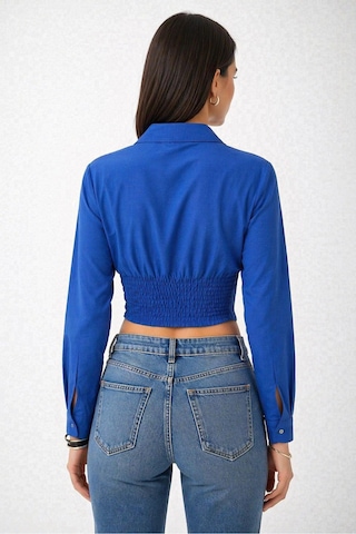 Trend Alisse Kadın Saks Mavi Vucuda Oturan Beli Lastikli Korse Crop Gömlek