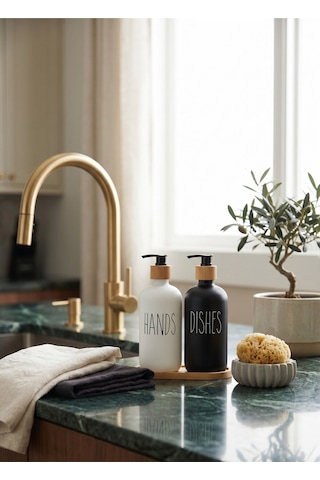 Modern Mutfak Tezgah Üstü 2'li Sabunluk Seti - Bambu Detaylı Hands & Dishes Sıvı Sabunluk Takımı - M Beyaz - Siyah