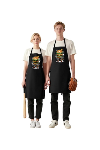 Erkek Unisex Mutfak Aşçı Önlüğü Karikatür Burger Baskılı Dtf Diji Siyah