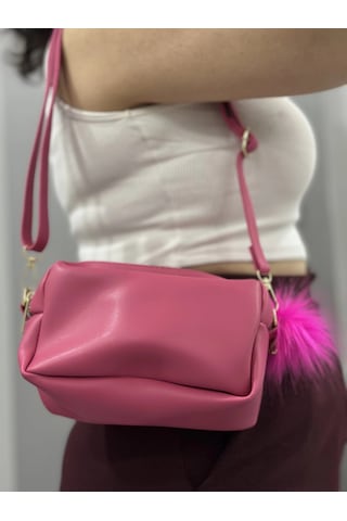 Biçomi Ponpon Fuşya Cilt Çanta Vizon
