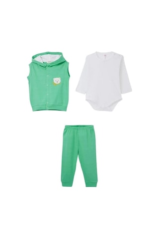Erkek Bebek Üçlü Ayıcık Detaylı Yelekli Takım-15294 Yesil