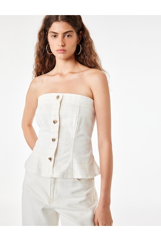 Koton Pamuklu Düğmeli Ekoseli Slim Fit Straplez Korse Bluz Kırık Beyaz 6sal30004mw Ekru
