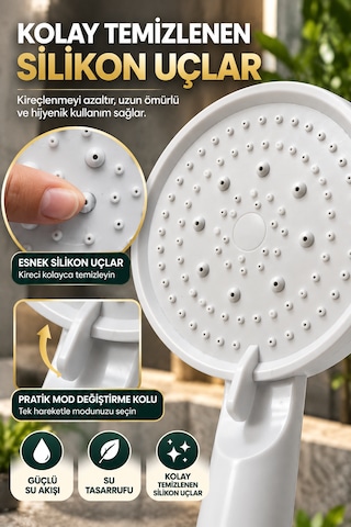 Duş Başlığı Duş Seti 5 Fonksiyonlu Yüksek Basınçlı Beyaz Çelik Örgülü Hortumlu Duvar Askılı Su Tasarruflu