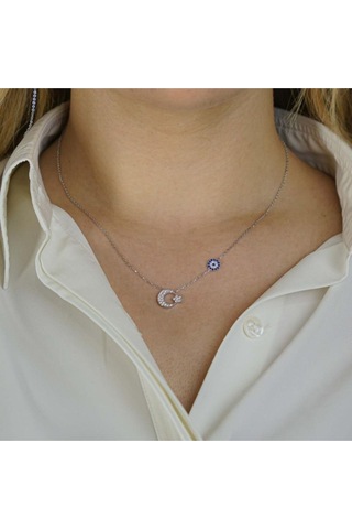 Modagümüşevi Minimal Ay Yıldız Nazar Tasarımlı 925 Ayar Gümüş Kadın Kolye