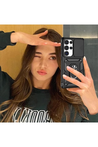 Samsung Galaxy S25 Ultra Uyumlu Kamera Sürgülü Tank Kılıf Ve Temperli Cam Ekran Koruyucu Set Siyah