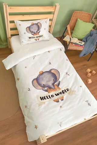 Organik Tek Kişilik Nevresim Takımı 160x220 - Sevimli Orman Arkadaşım Fil Renkli