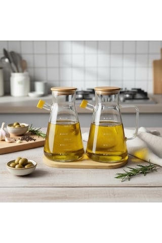 2'li Büyük Boy Şeffaf Cam Yağdanlık Seti - Bambu Kapaklı Ve Standlı Elmas Desenli Yağlık Sirkelik 2 X 900 Ml